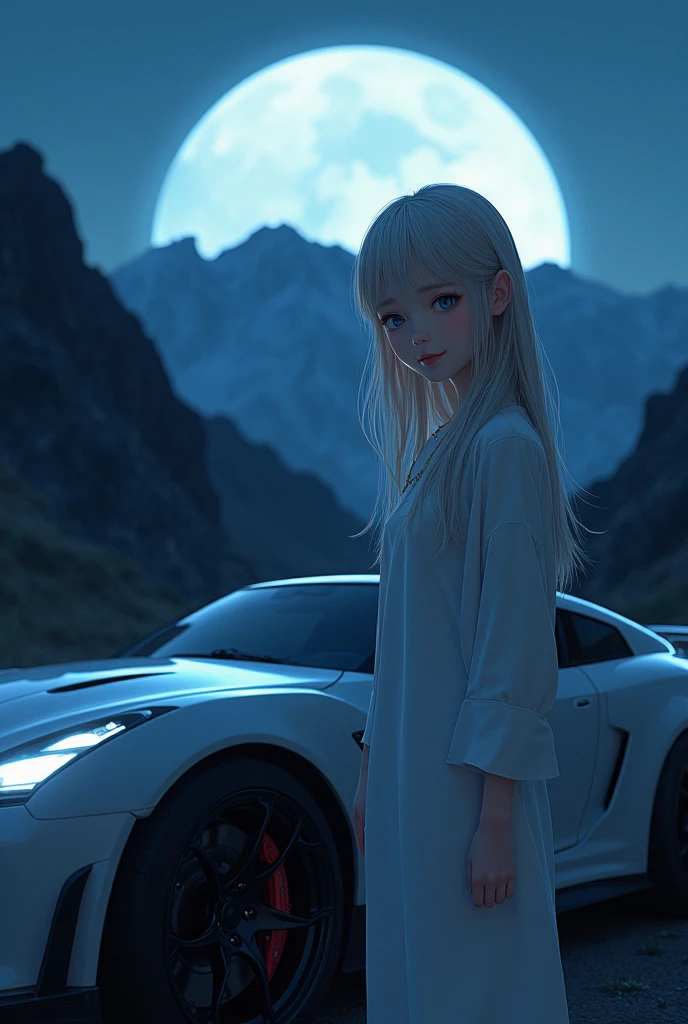 young blonde, slim, thin face, whitish hair, smile cute, blue eye at night,
next to japanese car on mountain
