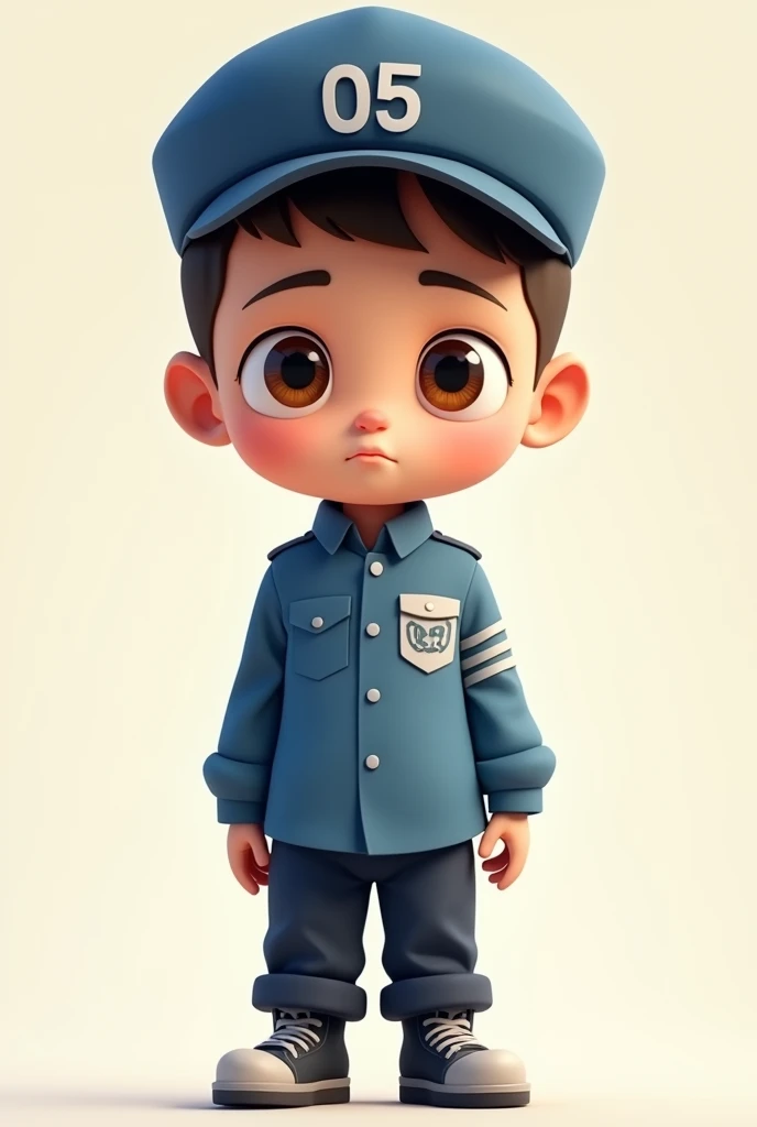 A small boy wearing a blue shirt with the number 05 in the upper right corner and a blue cap with the number 05 . She has short military style hair., his face is serious, does not show an emotion, He's small. Make it in a cartoon style, He's small e tem olhos castanhos. He wears black pants and black sneakers.. Don't forget the military cap and hair