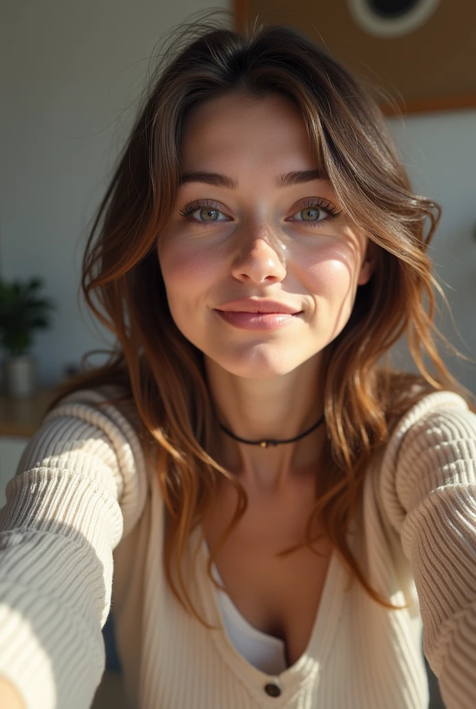 Selfie with a cute pose, realistic picture