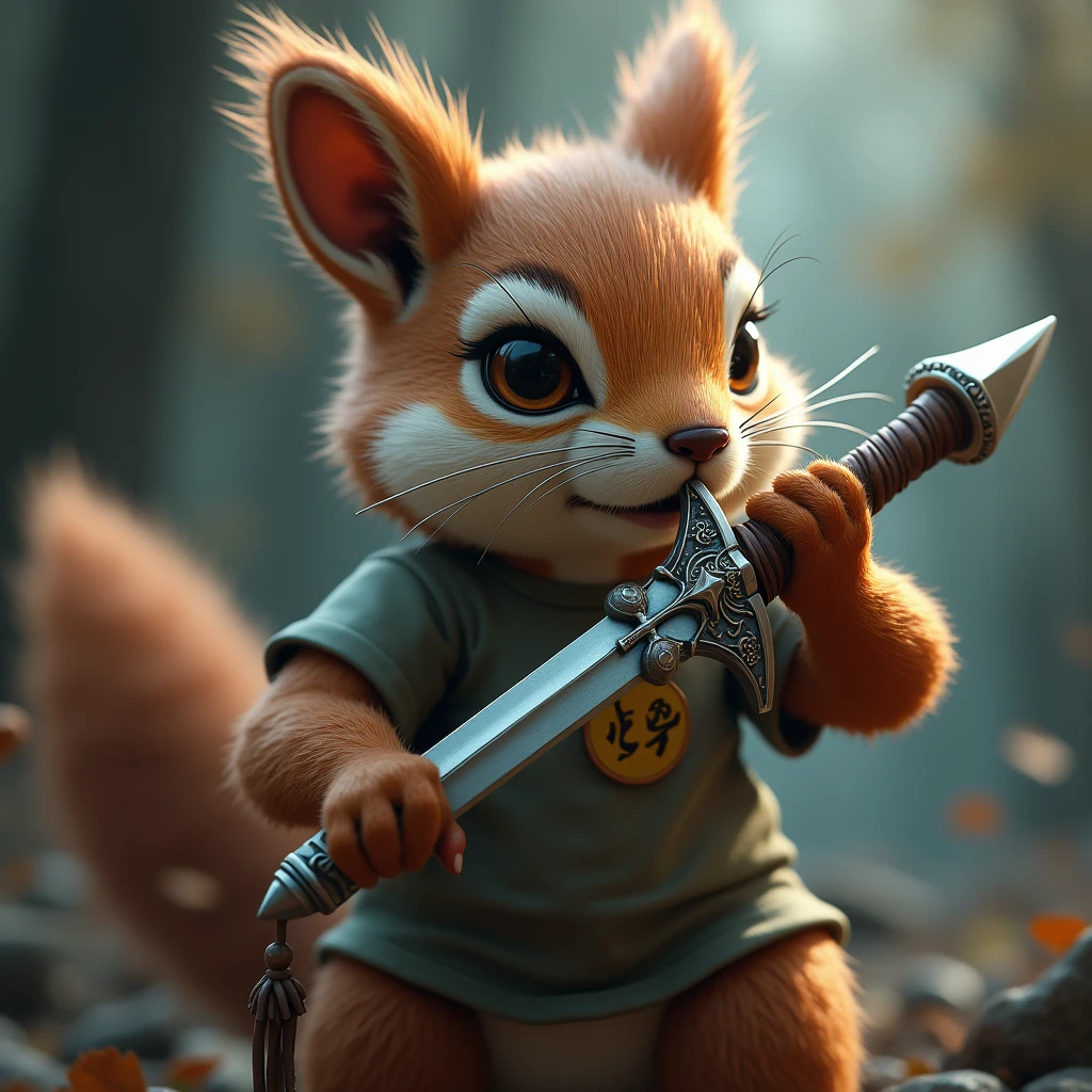 Squirrel wearing a tshirt , hold a sword, side view , fantasy rpg , close up