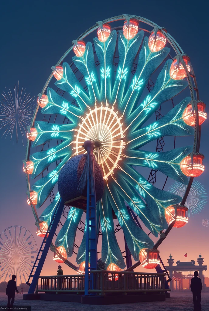 "Peacock × Ferris Wheel":
"A peacock with its tail feathers spread wide, each feather is a mini Ferris wheel pod carrying passengers. The body of the bird forms the central hub of the wheel. Instead of the usual eyespots, each feather ends in a colorful, spinning carnival ride. Set in a fantasy amusement park at twilight with fireworks in the background. Magical realism style with a sparkly, enchanted atmosphere."