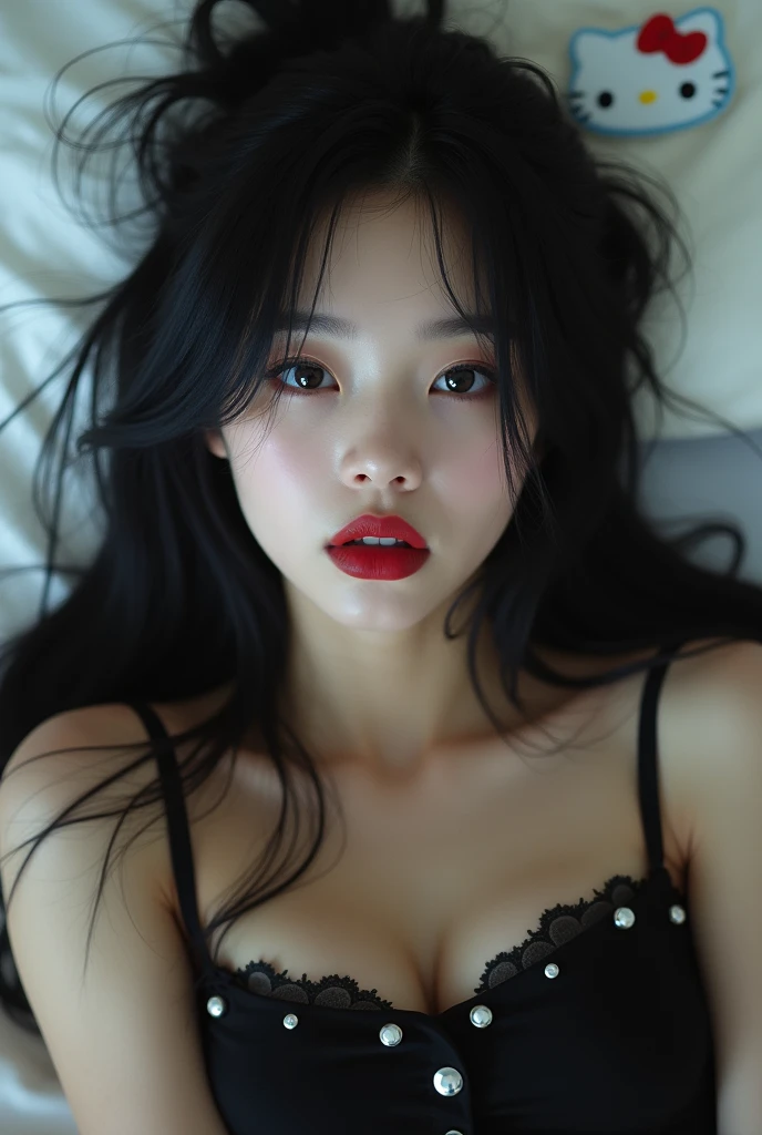 Jennie Kim the realist, with long straight black hair, black and shiny eyes, bright white aura, with a simple background, black tank top with embellishments without neckline photo 1:3 plump lips lying on a white bed with a black hello kitty pillow more homemade more realistic 22 year old korean girl with cruel punk evil vampire appearance JENNIE SIMPLER AND SPONTANEOUS SIMPLER AND RELAXED low quality