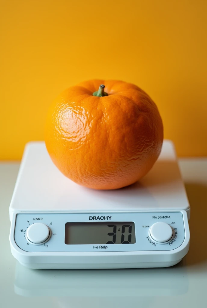 An orange on a scale, indicating its mass in grams