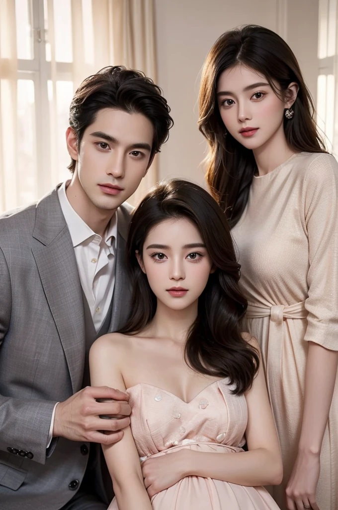 Modern. Suit men wear. elegant couple, One man and two beautiful pregnant girls. Dark Hair. Very detailed face. Cute eyes (Perfect Eyes). 8k resolution. masterpiece. romantic, like, Shining Light. View your viewers. petal. pastel colour.