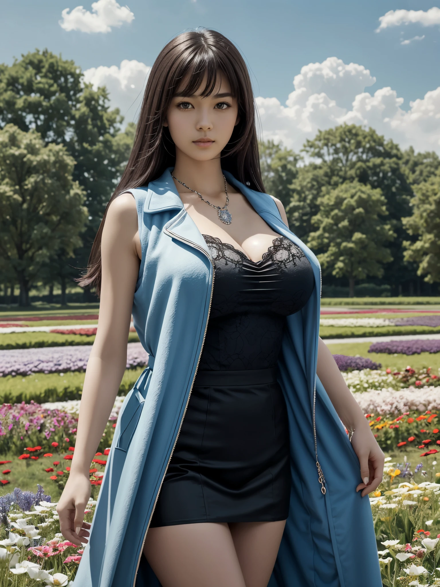 1girl, standing, raise hand, hand in front, blue (sleeveless long coat:1.2), long hair, side swept bangs, black lace leotard, micro pleated skirt, thigh ribbon strap, (strap gap:1.2), arm warmer, arm ribbon, windswept, delicate ring necklace, (gigantic breasts:1.2), detailed face, looking at viewer, blue muffler, flower field, variety of flowers, floating petals, (high quality, masterpiece, realistic:1.3),