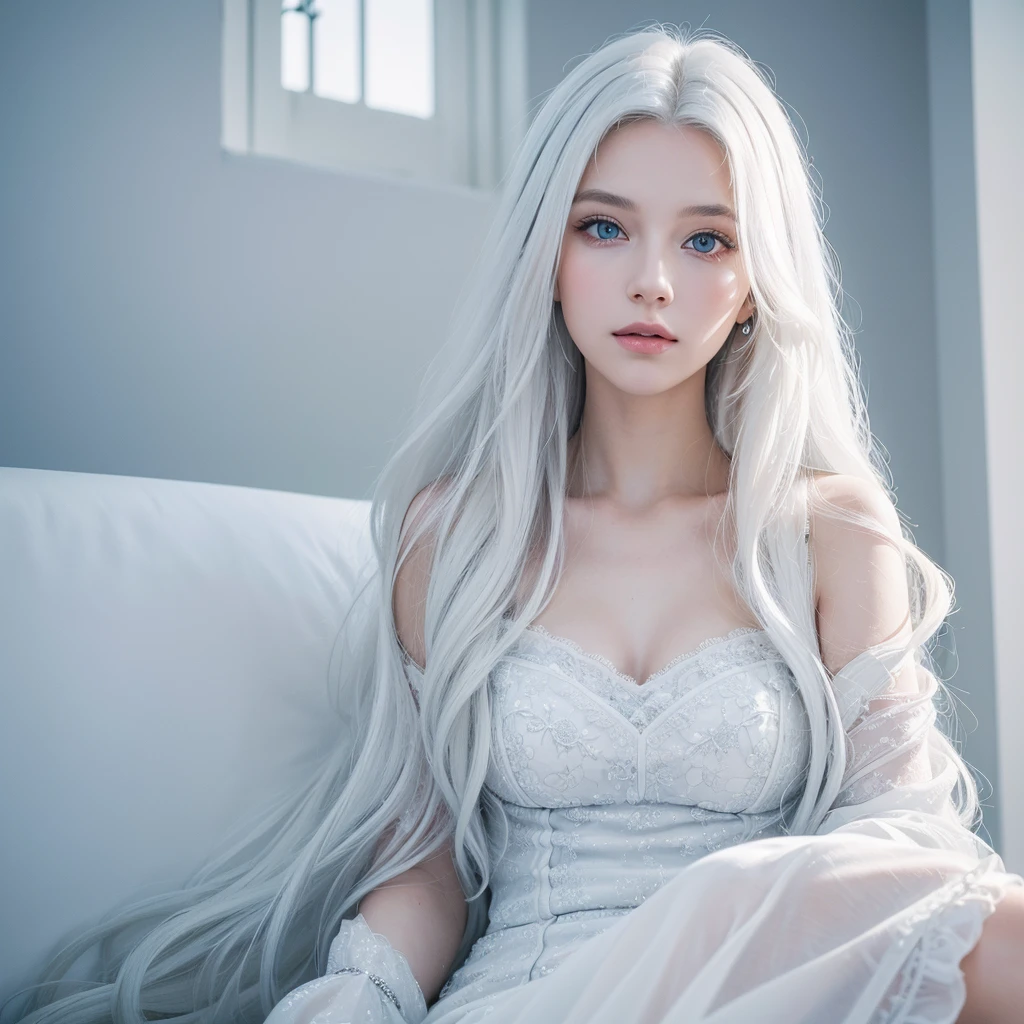 ((best qualityer)), ((work of art)), ((detailded)), a beautiful young woman, young white color, Long, wavy hair, White hair, blue colored eyes, raio de luz através do White hair, elegant outfit, elegant pose, top quality picture, super realistico, 8 k quality, ultra realisitic, cinema quality