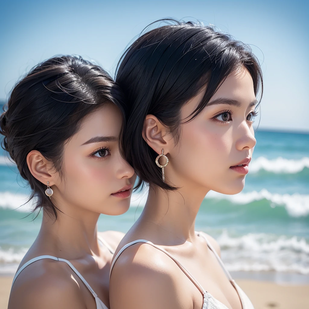 Profile of a woman standing on a sandy beach、Earrings、Short Bob Hair、Japanese、Black Hair