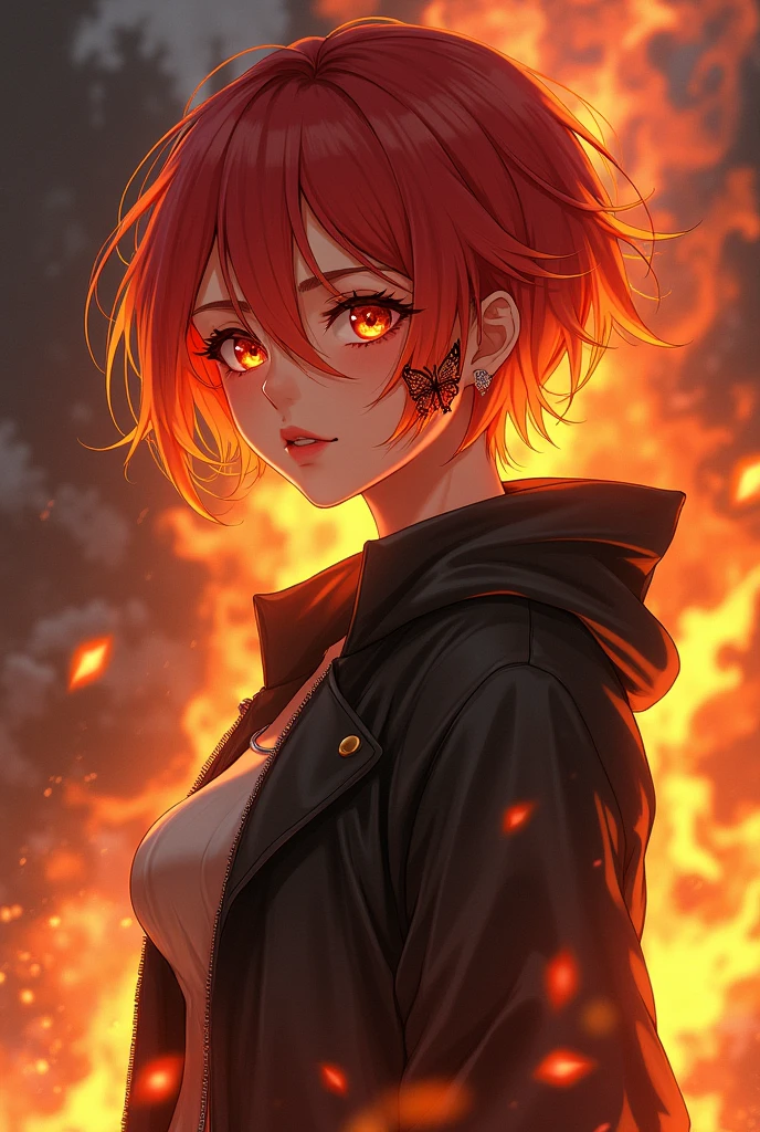 An anime style woman, that she is a pyromaniac, May the colors of your hair be like that of fire.May your hair be short and your eyes be amber. Wear post-apocalyptic clothing. That he has a burn scar on his cheek in the shape of a butterfly.