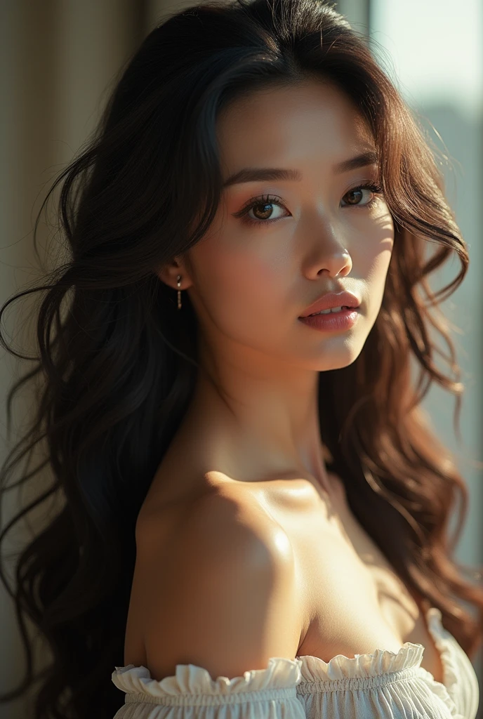 Photo of AI in human form with natural skin., long, current, and voluminous hair, keen eyes, thin and upturned nose, beautiful lips, hourglass body shape, Typical clothing and make-up, intricately maximalistically detailed, Bright, Bright, epic, smooth, cinematic, 4K, with backlight, and greater depth of field