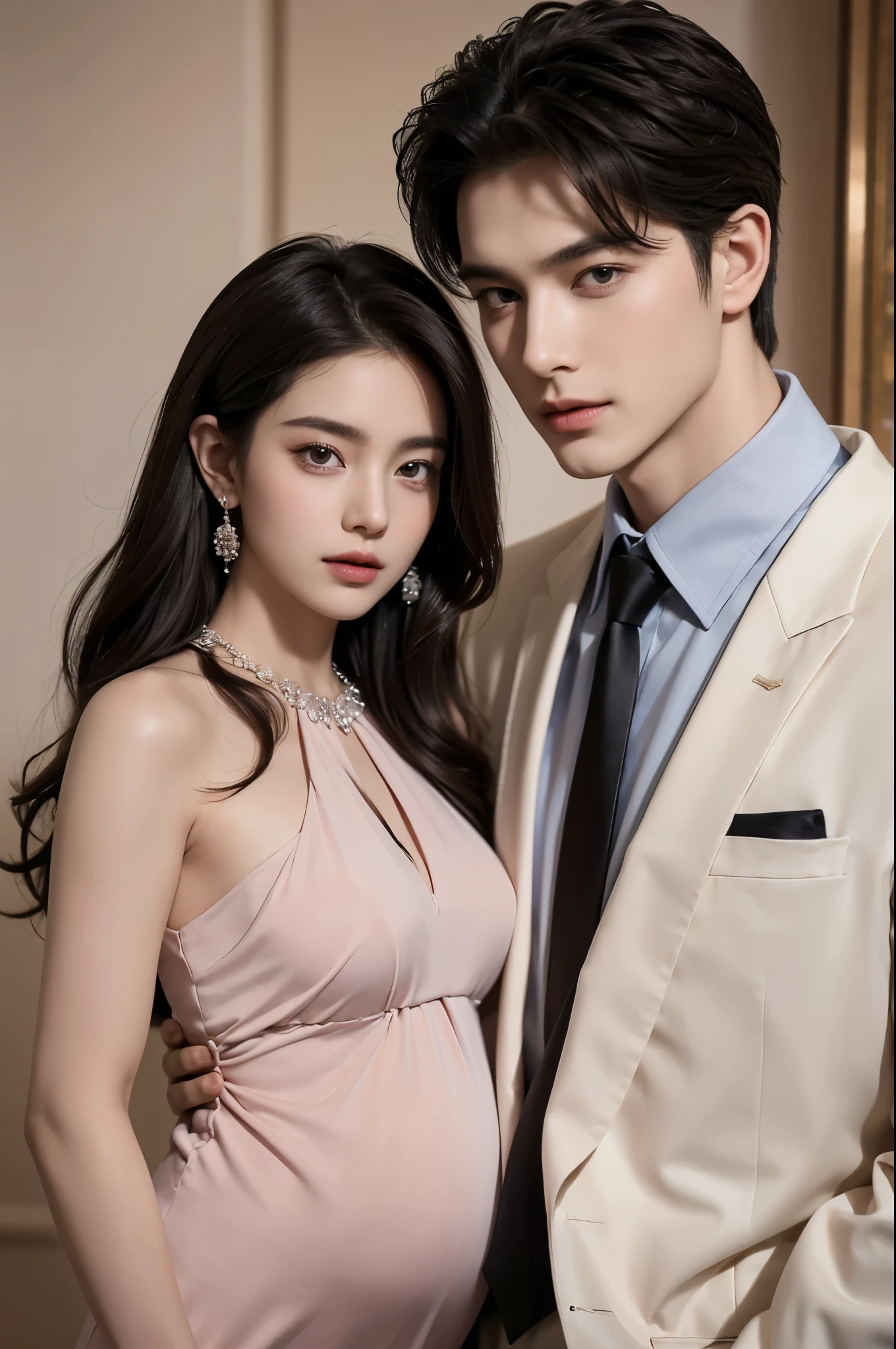 Modern. Suit men wear. elegant couple, One man and two beautiful pregnant girls. Dark Hair. Very detailed face. Cute eyes (Perfect Eyes). 8k resolution. masterpiece. romantic, like, Shining Light. View your viewers. petal. pastel colour.