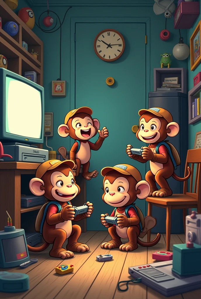 4 little gamer monkeys with new and retro consoles