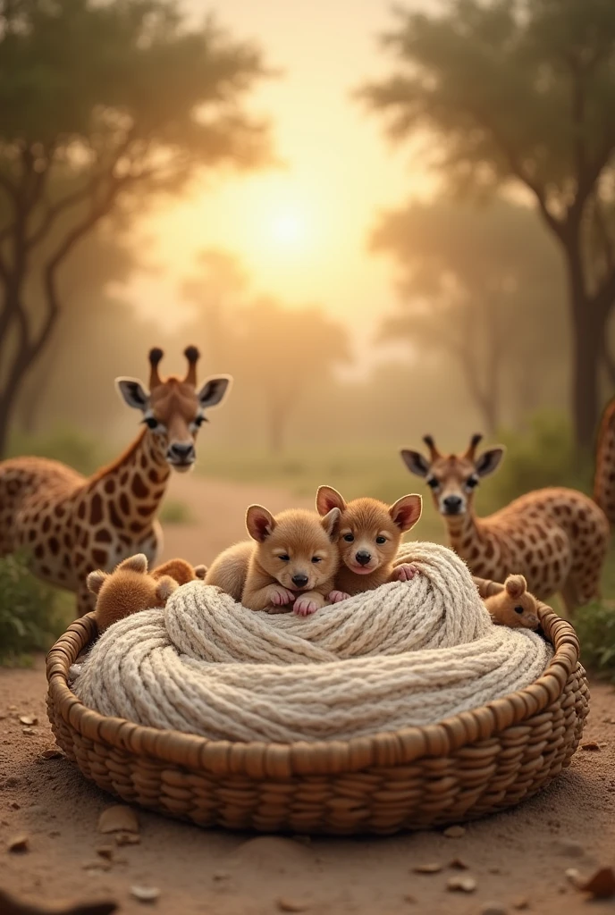 Create a photo background for me with a real safari themed New Born scenery, with baby animals wrapped around and an empty round bed, There is no one on the bed