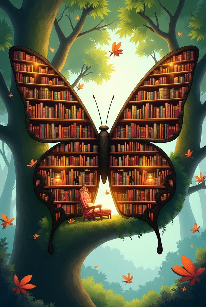 "Butterfly × Bookshelf":
"A giant butterfly with wings made of fully-stocked bookshelves. Books of various sizes and colors form intricate wing patterns. The body is a reading nook with a cozy chair and reading lamp. Antennae are bookmarks dangling from the top shelves. It's perched on a tree in a magical forest library. Other smaller book-butterflies flutter around. Dreamlike illustration style with warm, inviting colors."