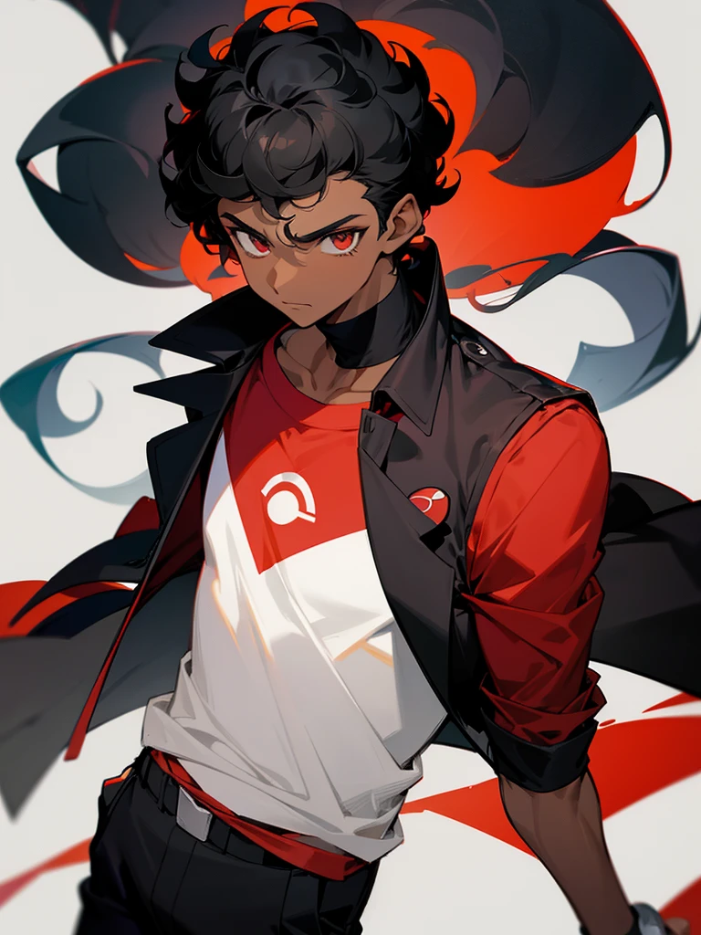 Image of a dark-skinned boy with curly black hair, wearing a red shirt and over it a black jacket based on the style of a pokemon trainer