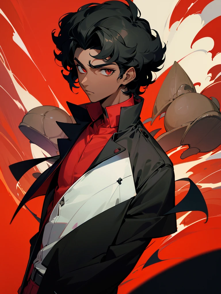 Image of a dark-skinned boy with curly black hair, wearing a red shirt and over it a black jacket based on the style of a pokemon trainer