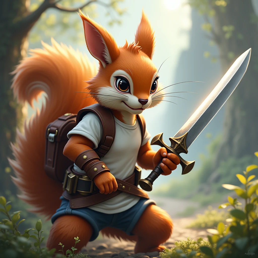 Squirrel wearing a tshirt , hold a sword, side head view , fantasy rpg , close up