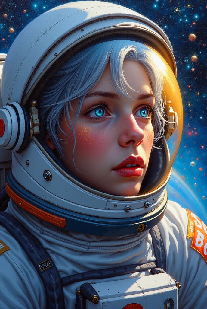(Close-up of a better masterpiece: 1.5) 0.9], (Space and astronauts: 1.2) (Disheveled silver hair: 1.1) (Xanthochromia heterochromia and blue eyes: 1.2) (space helmet: 1.0) (colorful stars in the eyes: 1.0) (A radiant glow: 1.1) (thick lips: 0.9) 