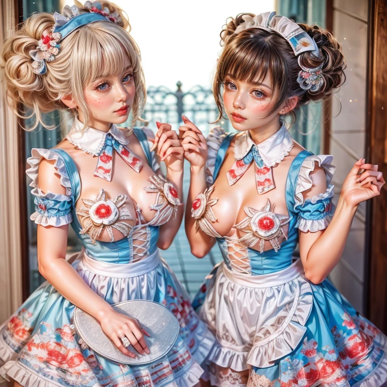 SFW, ExtremelyDetailed (((Kawaii Maid Girls Group in a row:1.37))), Childish perfect face, Reflective Eyes, Detailed(Delicate Clothing textures), Dynamic Joyful Expressions LifeLike Rendering, (Specular Reflection:0.2), TopQuality 8K Ultra-detailed masterpiece (ProfessionalPhoto:1.37), (Acutance:0.8), (Luminism:1.28), (Renaissance art style), (Light particles:0.75), (Muscle:-0.5), (from side ) 