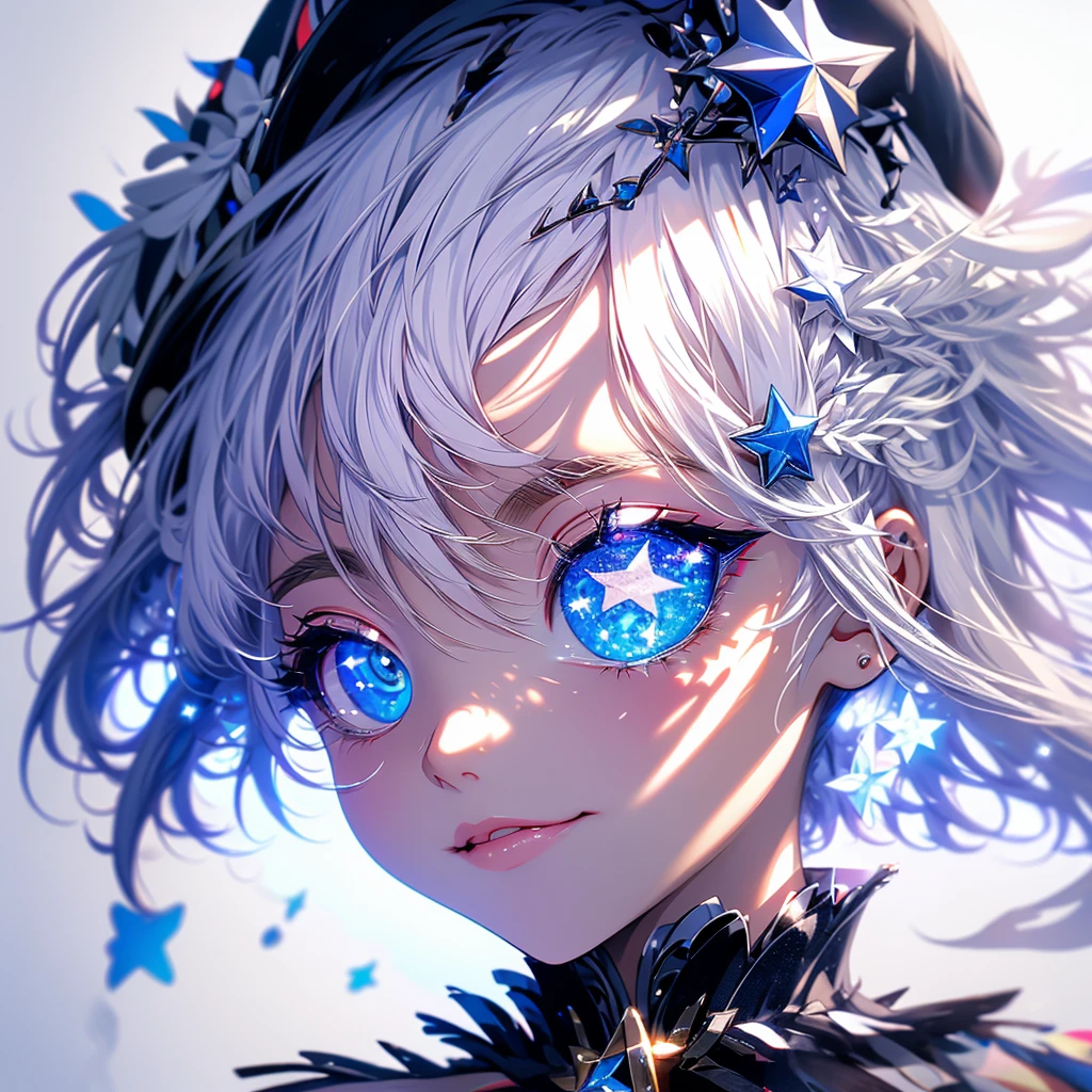 White hair with blue stars on the tips, stars in place of pupils,