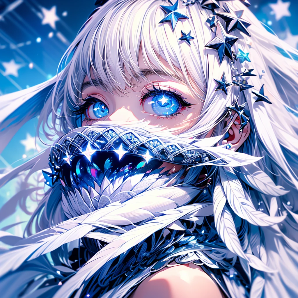 White hair with blue stars on the tips, stars in place of pupils,