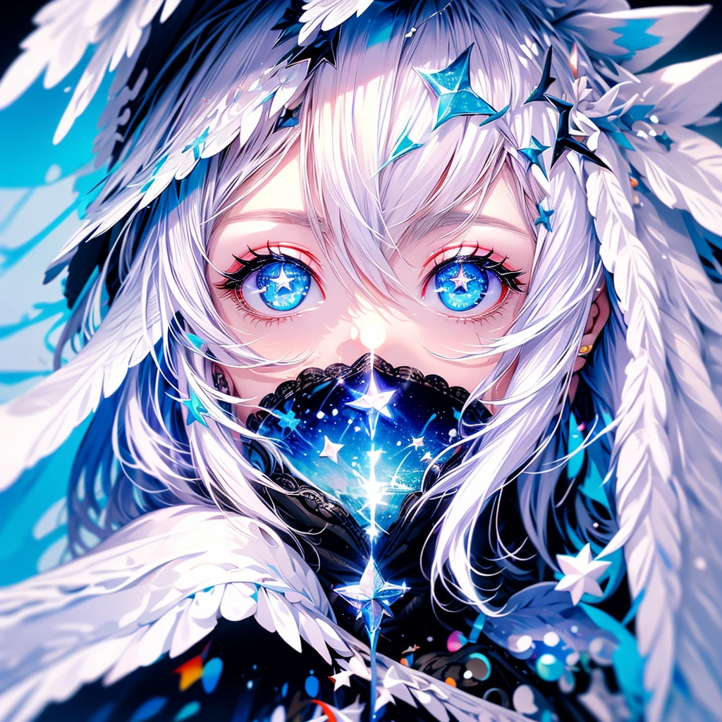 White hair with blue stars on the tips, stars in place of pupils,