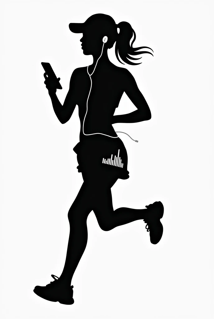 Silhouette Art。PAPERCUT。Solid black。No background。Dynamic Movement。Speed。Woman running alone。Holding your phone in your hand。White earphones in ears。A wire is connected to the smartphone in your hand。Wearing large shorts with a white equalizer pattern。Small breasts。A Cup。Right facing。Model body type。White patterned running shoes。Put on a cap。