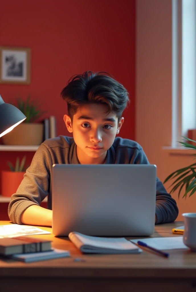 A young student sitting at a desk in a well-lit room concentrating on his laptop screen while attending an online class. The environment is organized with study materials such as notebooks, pens, a cup of coffee and the room has a red and white color scheme but mainly red.