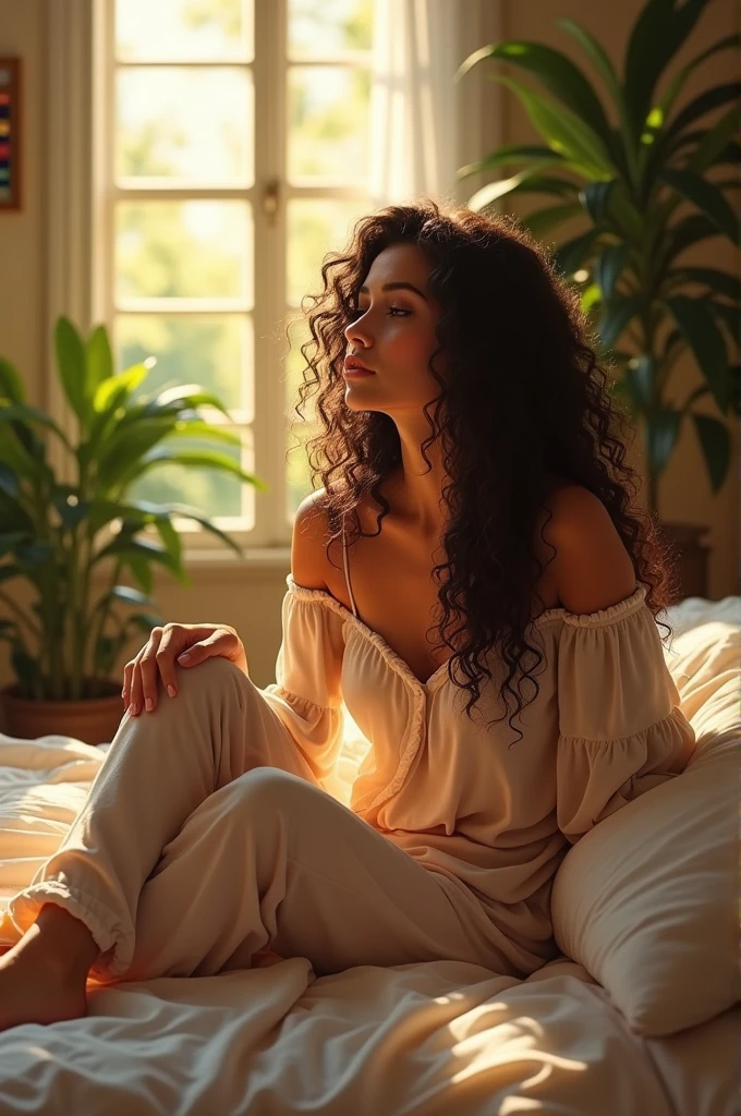 (photorealism:1.2), beautiful woman, sitting on bed, wearing loose off-shoulder top, pajama pants, long curly hair, indoors, soft lighting, plants in background, window with sunlight, cozy room, relaxed pose, realistic, intricate details, warm colors, by Greg Rutkowski, by Alphonse Mucha