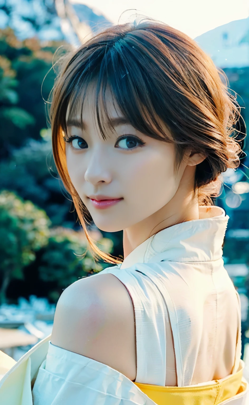 (((Perfect limbs and body with detailed depictions of the limbs based on perfect anatomy, no extra arms))),4k shooting captures the essence of movement,First Person,(((Wear thin white kimono that exposes as little skin as possible,夜に雪山の岩に膝を揃えて腰を下ろした美Shii女性))),(((In the dim light of a snowstorm,A snow woman in a white kimono is looking at the moon))),(((masterpiece))),色白のうなじが眩Shii,(((The pure white kimono stands out))),Tuck your chin in and place your hand on your cheek,((4K profile shot with the moon in the background)),20-year-old, The lustrous chestnut colored two-block very short haircut has a sexy nape,(Smile politely by raising the corners of your mouth and eyebrows),((Gravure photoshoot in the snowy mountain forest)),((Long eyelashes,Big eyes,double eyelid,((Glossy red and thick lips)),Short bob is cute,It captures the essence of her athleticism and energy.,Deep depth of field photography with Hasselblad,portraying the motion and grace of フリーズ,showing the wind blowing her ショートカット and clothes,Outdoor,Detailed Background,Best image quality,Professional perspective,素晴らShiiディテール,Ultra-high resolution,Realistic:1.4),Attention to detail,Attention to detail,The beauty is concentrated on one girl.,栗色の美Shiiヘアー,繊細で鼻が高く美Shii顔,Long limbs like a model,Tight waist,チラ見えする白い肌が眩Shii,god々Shii,Cinematic Production,