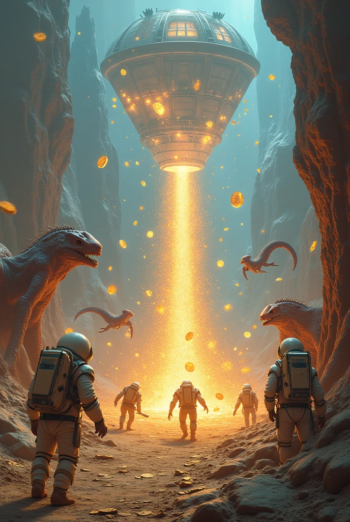 I have a group in the game Hotel Hideaway called Rift Odyssey we have a space and alien theme ,I want you to generate an image where a title appears that says Rift odyssey,portal hunt, I want portals to appear from which diamonds and gold coins emanate. I want you to not forget this. ,and there are aliens of different appearance and astronauts trying to collect diamonds and coins I liked it but you can make it look more epic ,with aliens and astronauts competing against each other, I don&#39;t like this one you forgot the aliens and the diamonds and coins emanating from the portal ,Do it well
