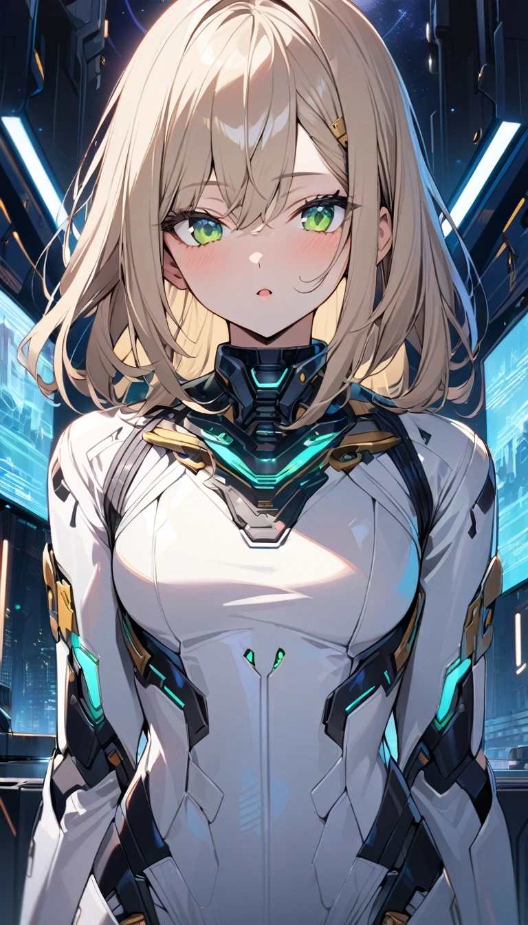 1girl,solo,Sala,original,straight blond hair,(long hair:0.3,medium hair:1),green eyes, white body suit,collar_bone,expose neck,Futuristic Background,relief face,night time,Science fiction,ultra-detailed,sharp focus,(best quality)