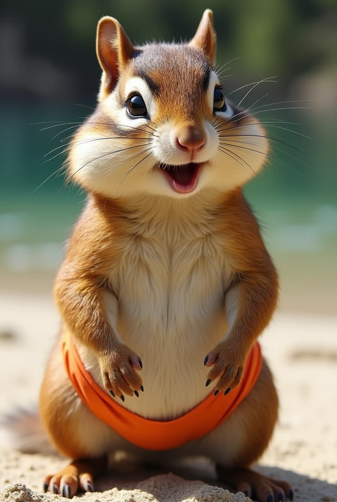 furry chipmunk in a two piece swimsuit