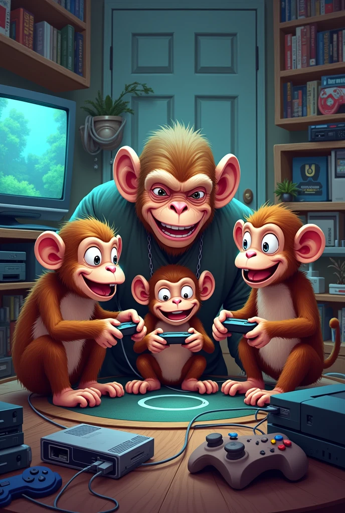 4 gamer monkeys 1 dad 2 sons and 1 daughter with new and retro consoles 