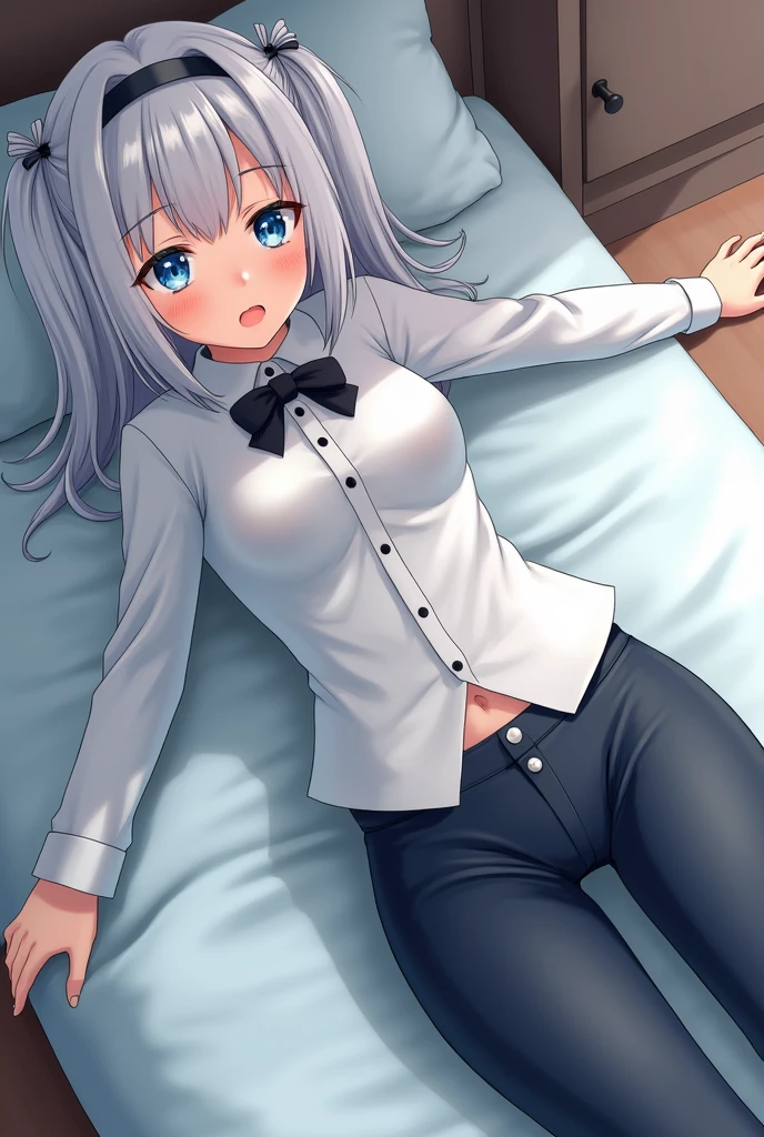 one girl, butler costume, white hair, light blue eyes, 14 years old, cute, trousers, sex, intercourse, nsfw, lying on bed,nude