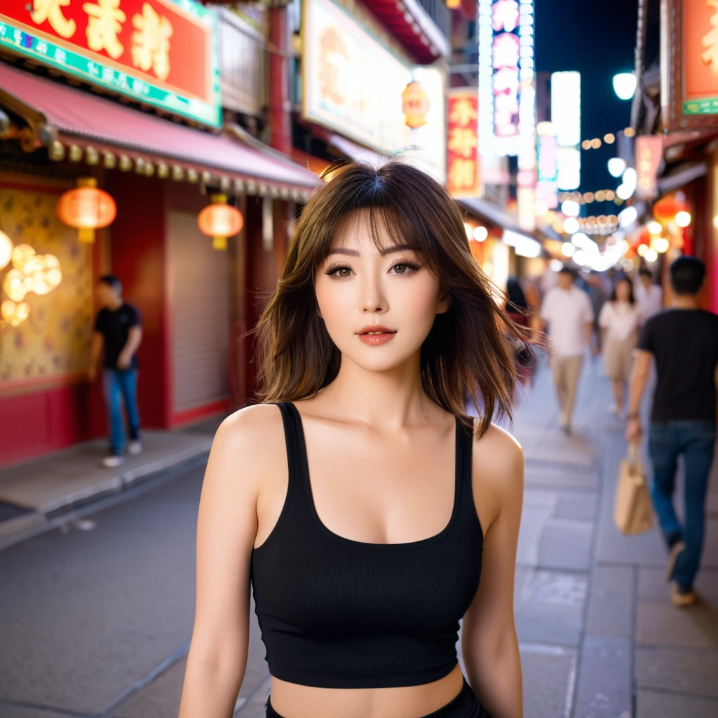 Close-up of a beautiful Japanese woman, Chest size 32 inches, Medium Hair, Wearing a black crop tank top, Walking through Chinatown, night, Shop sign background, Bokeh Background, Ultra-high resolution