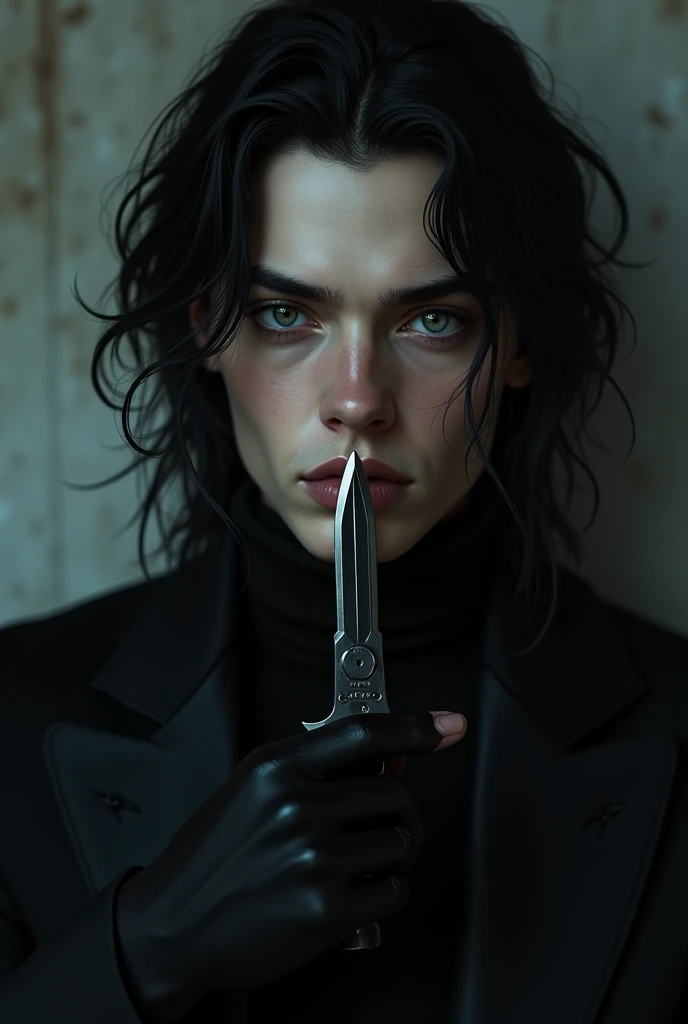 A sexy male with delicate facial features, black long hair, and teal blue eyes with all-black gothic clothes. He is leaning against the wall and holding a switchblade to his own throat.