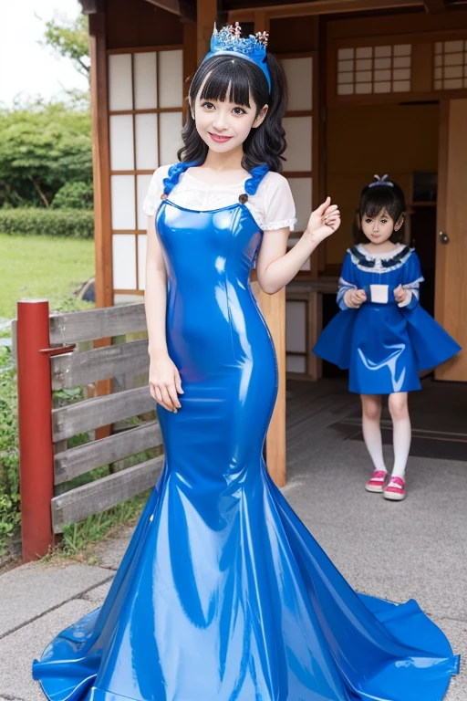 Live Action A Japanese kindergarten girl and two researchers Wearing a blue rubber dress Mermaid. Clown Makeup latex Blue face