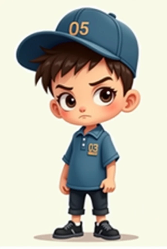 A  wearing a blue shirt with the number 05 in the upper right corner and a blue cap with the number 05 . She has short military style hair., his face is serious, does not show an emotion, He's small.  Make it in a cartoon style, He's small e tem olhos castanhos. He wears black pants and black sneakers.. Don&#39;t forget the cap and short military hair