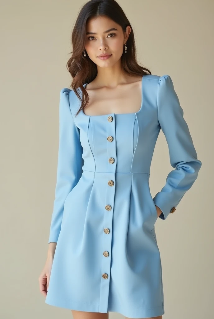 a knee-length dress with a square, non-attached neckline, light blue, long-sleeved buttoned dress