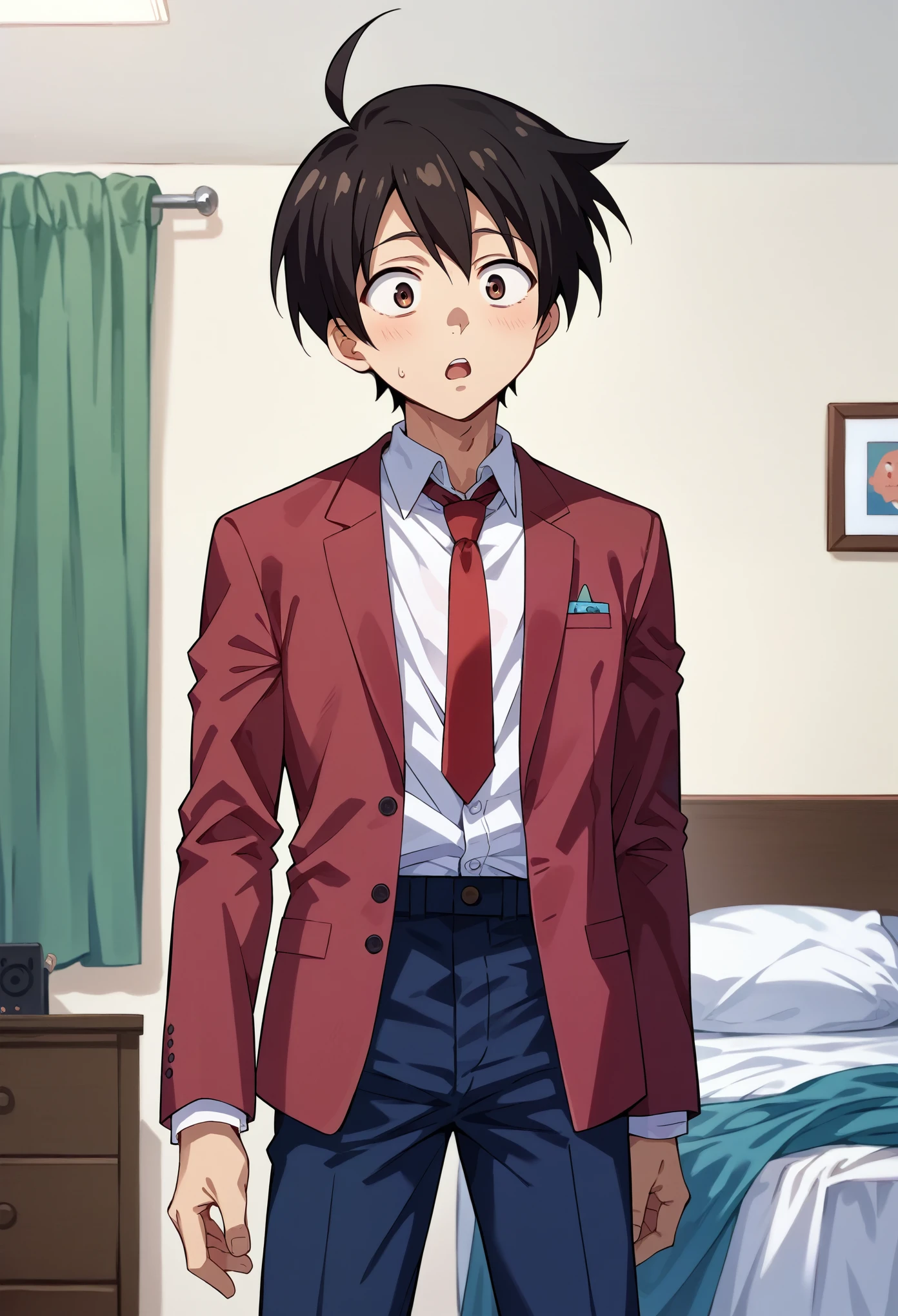 score_9, score_8_up, score_7_up, 1boy, solo, skinny, sakuTomo, black hair, short hair, ahoge, maroon blazer, unbuttoned blazer, long sleeves, red necktie, white shirt, dark blue pants, standing, surprised, looking down, bedroom, centered image