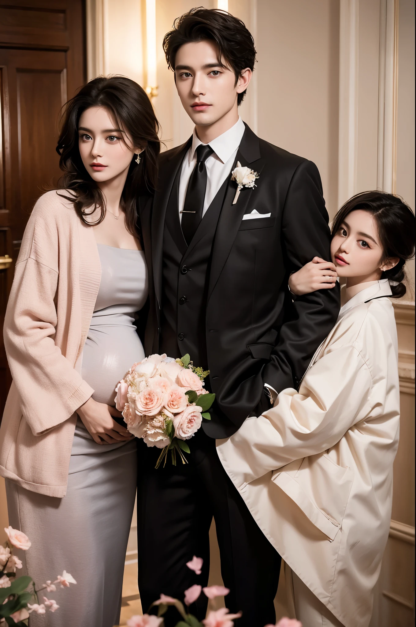 Modern. Suit men wear. elegant couple, One man and two beautiful pregnant girls. Dark Hair. Very detailed face. Cute eyes (Perfect Eyes). 8k resolution. masterpiece. romantic, like, Shining Light. View your viewers. petal. pastel colour.