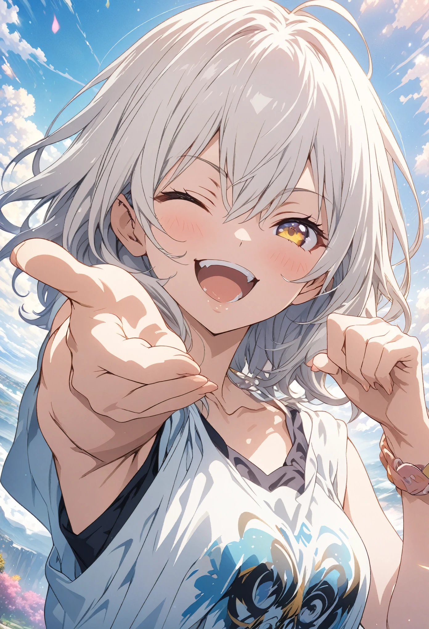masterpiece, Highest quality, Highly detailed CG Unity 8K wallpapers, High School Girl Anime Illustration. Wear an oversized tank top、Make a finger gun pose、she has her eyes closed and mouth open, smile. The background is a light pastel colored landscape.., white hair color, Yellow Eyes