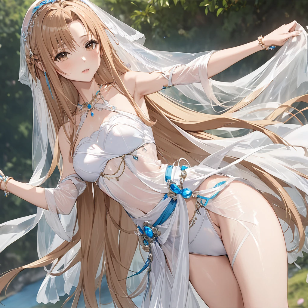 ((Highest quality)), ((masterpiece)), (detailed), （Perfect Face）、The woman is Yuuki Asuna, with light brown, medium-long hair, a completely transparent outfit and veil, and is decked out in gorgeous accessories.