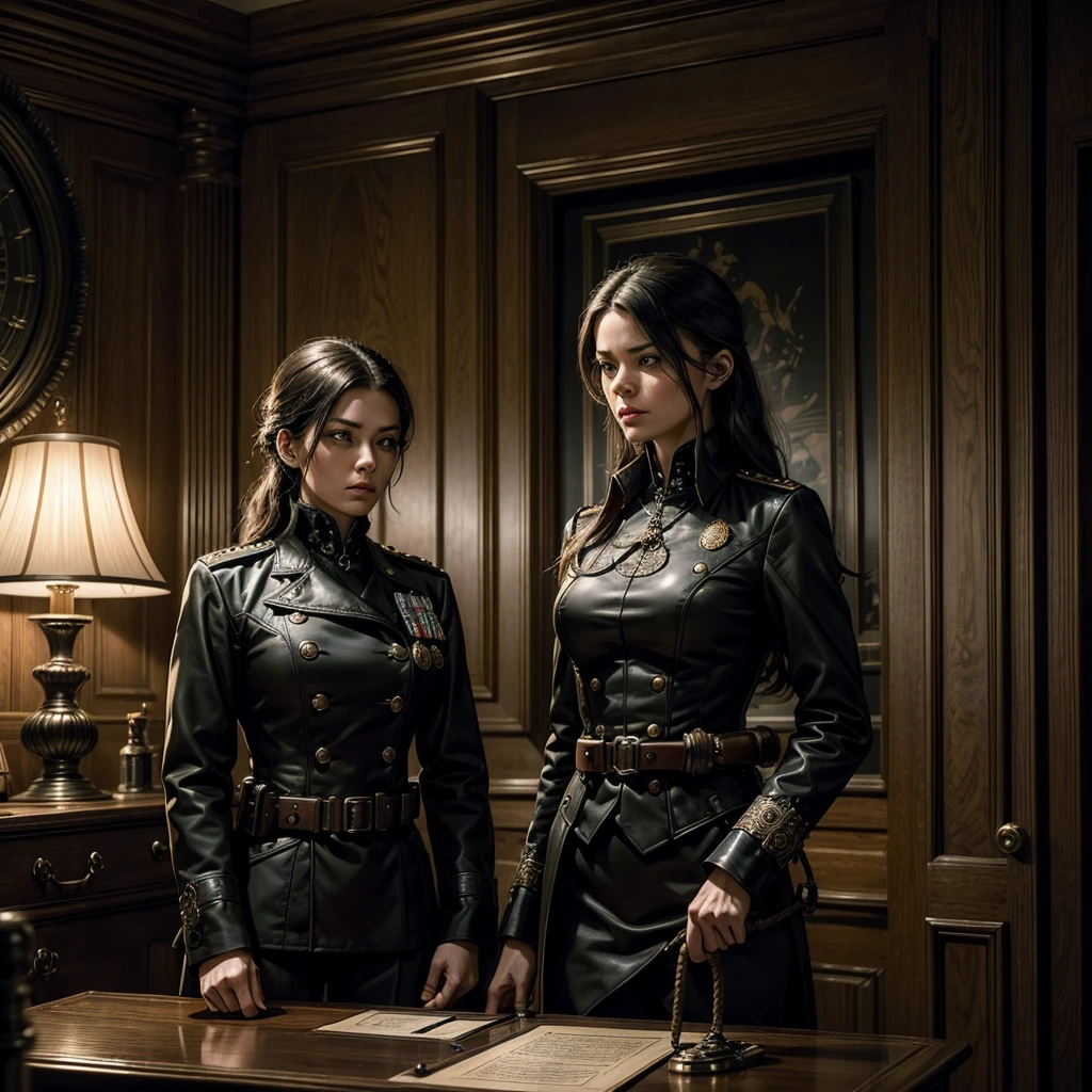 A woman in a sleek military uniform with intricate steampunk detailing signs classified documents at an antique oak desk. Unbeknownst to her, a shadowy hitman lurks behind, holding a taut rope with sinister intent. The room is dimly lit, highlighting the dramatic tension between the two characters, adding a suspenseful element to the scene.