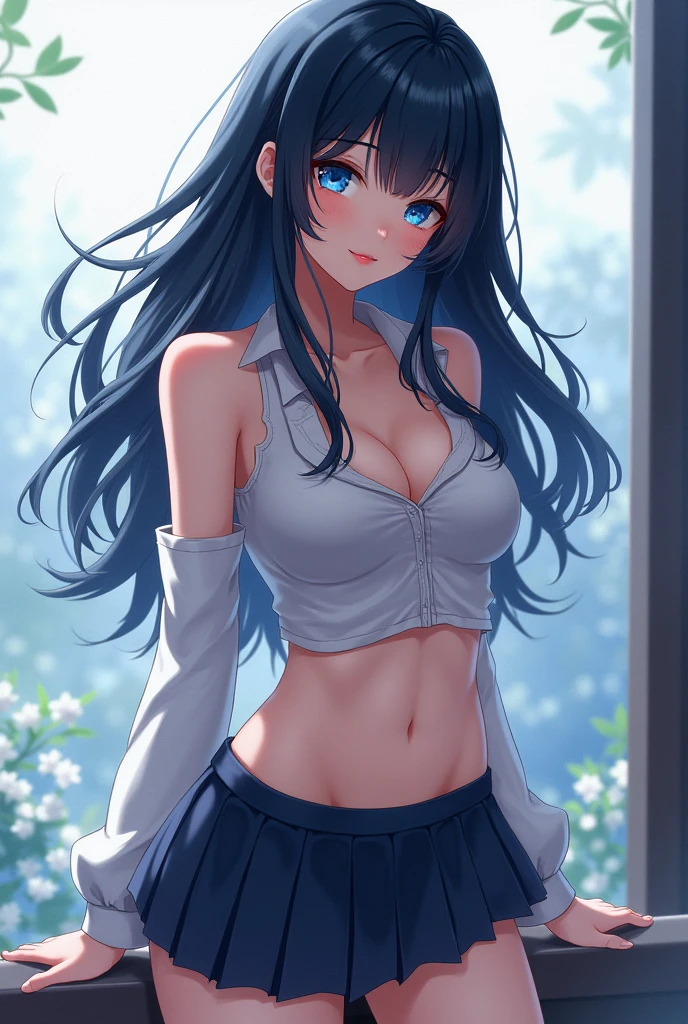 anime girl, black hair, blue eyes, with a mini skirt, and mini top