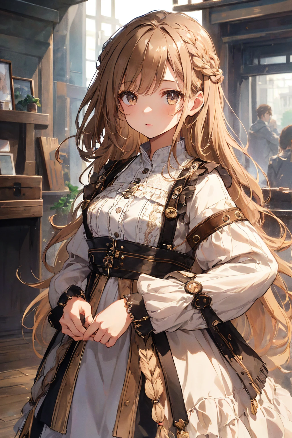 ((One Girl)),Fringe hair、Braided hair、Disheveled Hair、Light brown eyes、(Dignified look)、((Casual clothing))、Small breasts,Flat chest,Dressing room、Selfie、(Photorealistic)、(Intricate details:1.2)、(masterpiece、:1.3)、(Highest quality:1.4)、(Ultra-high resolution:1.2)、Ultra-high resolution、(Detailed eyes)、(Detailed facial features)