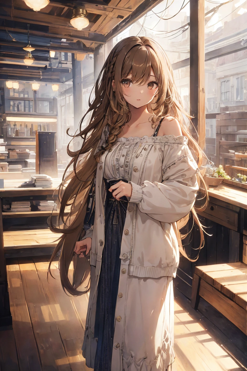 ((One Girl)),Fringe hair、Braided hair、Disheveled Hair、Light brown eyes、(Dignified look)、((Casual clothing))、Small breasts,Flat chest,Dressing room、Selfie、(Photorealistic)、(Intricate details:1.2)、(masterpiece、:1.3)、(Highest quality:1.4)、(Ultra-high resolution:1.2)、Ultra-high resolution、(Detailed eyes)、(Detailed facial features)