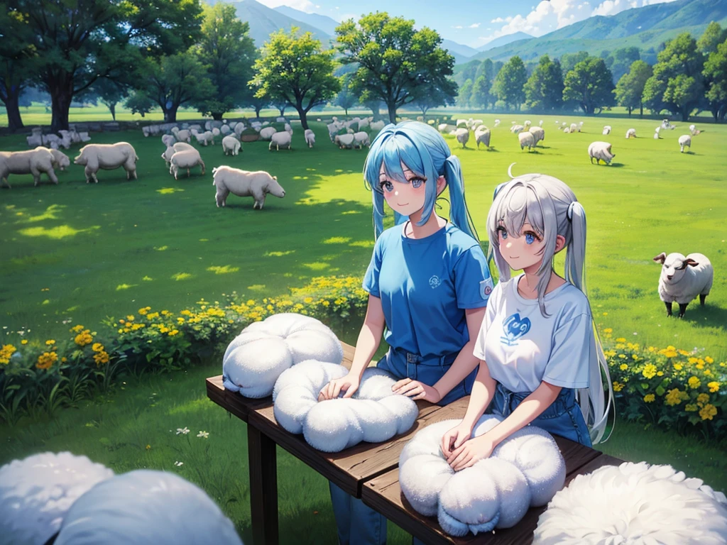 Light blue long hair、beautiful girl with twin tails、T-shirt and denim jumpsuit、Bright smile、Sheep pasture、Lots of sheep、blue sky、Two dogs watching over sheep