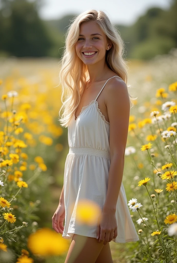 (Beautiful), young white woman, long blonde hair with slight curls, brightly smiling, wearing short sundress, standing in a field of flowers, barefoot, bright daylight, perfect skin, extreme detail