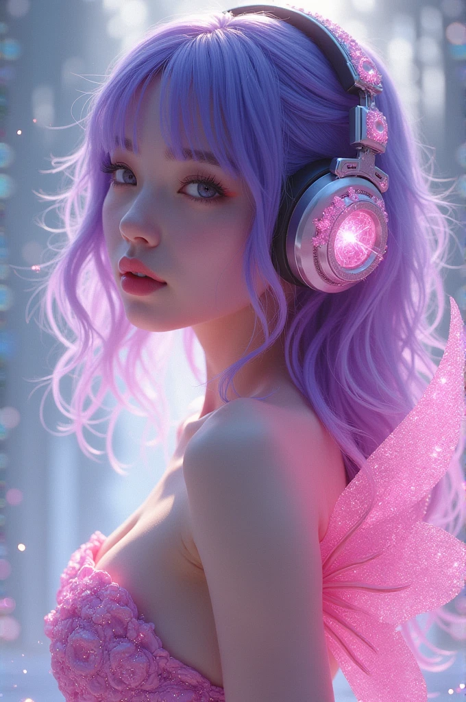 Korean purple hair butterfly woman in headphones with pink diamond dress and pink glitter wings
